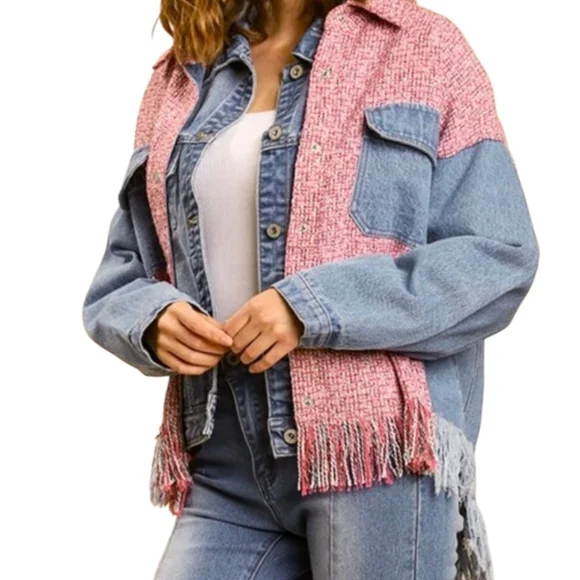 Umgee Tweed Jacket Pink/ Blue Denim Fringe Hem Cotton Hippie Festival Sz M - Picture 7 of 11